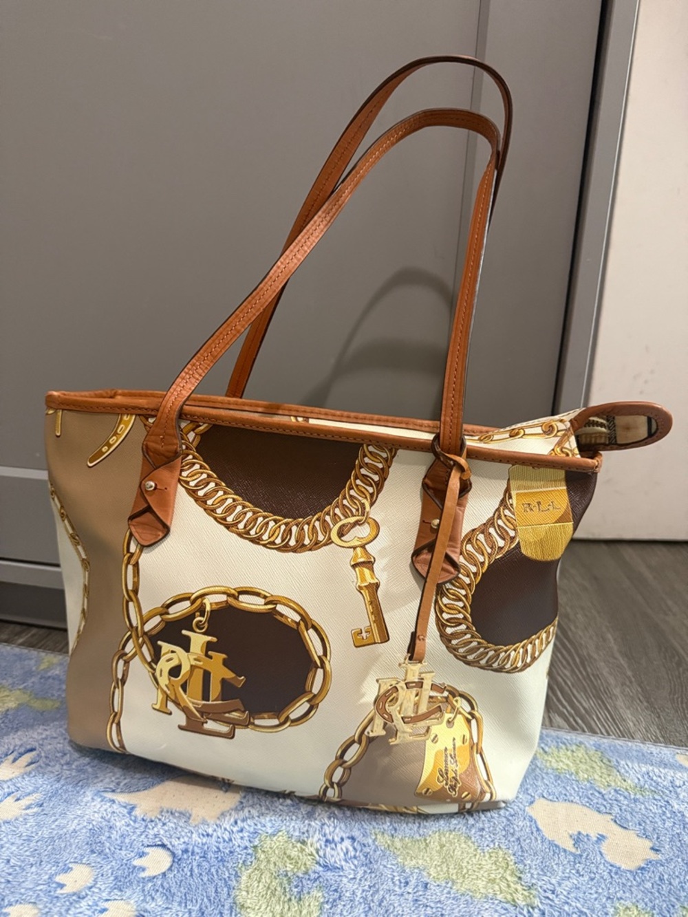 Ralph Lauren Cream Tote with Tan Straps and Gold Chain Print